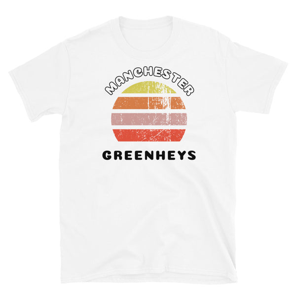 Distressed style abstract retro sunset graphic in yellow, orange, pink and scarlet stripes. The name of Manchester is displayed at the top wrapped around the sunset. Below the retro sunset design is the famous Manchester place name of Greenheys on this white cotton t-shirt.
