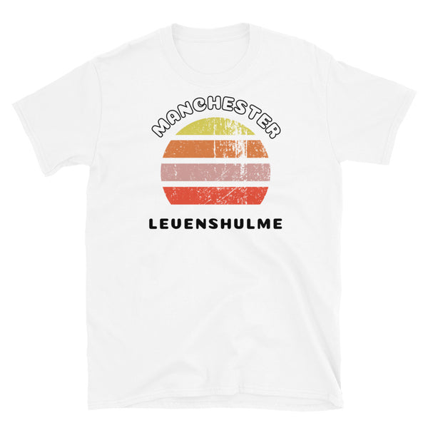 Distressed style abstract retro sunset graphic in yellow, orange, pink and scarlet stripes. The name of Manchester is displayed at the top wrapped around the sunset. Below the retro sunset design is the famous Manchester place name of Levenshulme on this white cotton t-shirt.