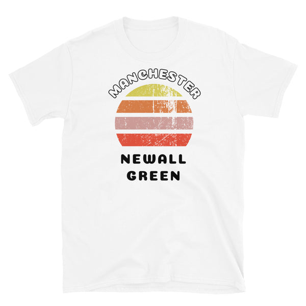 Distressed style abstract retro sunset graphic in yellow, orange, pink and scarlet stripes. The name of Manchester is displayed at the top wrapped around the sunset. Below the retro sunset design is the famous Manchester place name of Newall Green on this white cotton t-shirt.