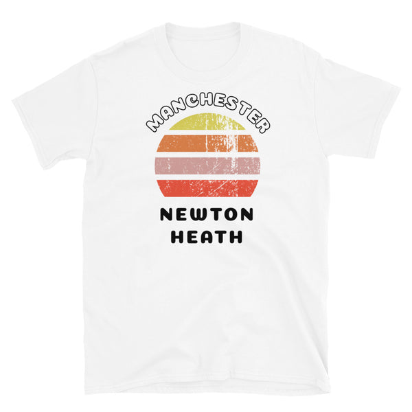 Distressed style abstract retro sunset graphic in yellow, orange, pink and scarlet stripes. The name of Manchester is displayed at the top wrapped around the sunset. Below the retro sunset design is the famous Manchester place name of Newton Heath on this white cotton t-shirt.