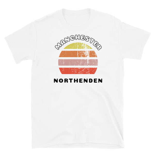 Distressed style abstract retro sunset graphic in yellow, orange, pink and scarlet stripes. The name of Manchester is displayed at the top wrapped around the sunset. Below the retro sunset design is the famous Manchester place name of Northenden on this white cotton t-shirt.