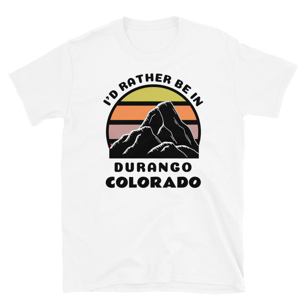 Durango, Colorado vintage sunset mountain scene in silhouette, surrounded by the words I'd Rather Be In on top and Durango, Colorado below on this white cotton t-shirt