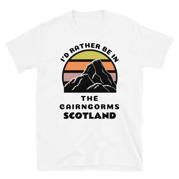 The Cairngorms Scotland vintage sunset mountain scene in silhouette, surrounded by the words I'd Rather Be In on top and The Cairngorms, Scotland below on this white cotton ski and mountain themed t-shirt