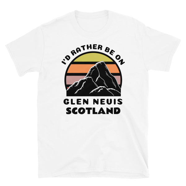 Glen Nevis Scotland vintage sunset mountain scene in silhouette, surrounded by the words I'd Rather Be In on top and Glen Nevis, Scotland below on this white cotton ski and mountain themed t-shirt