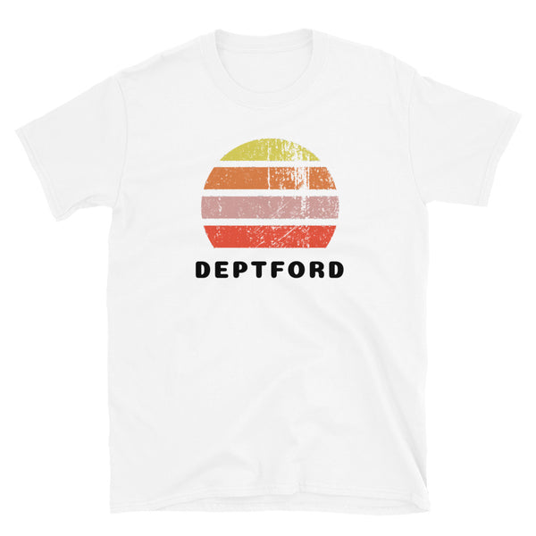 Vintage retro sunset in yellow, orange, pink and scarlet with the name Deptford beneath on this white cotton t-shirt
