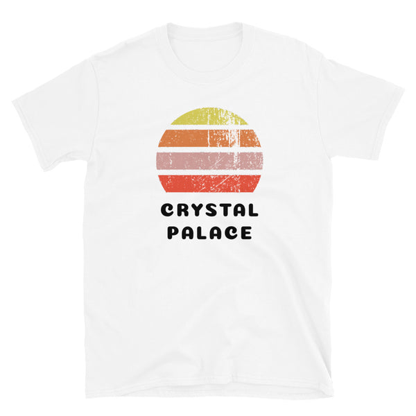 Vintage retro sunset in yellow, orange, pink and scarlet with the name Crystal Palace beneath on this white cotton t-shirt