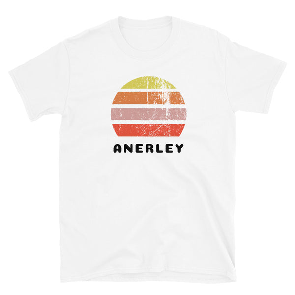 Vintage distressed style retro sunset in yellow, orange, pink and scarlet with the name Anerley beneath on this white cotton t-shirt