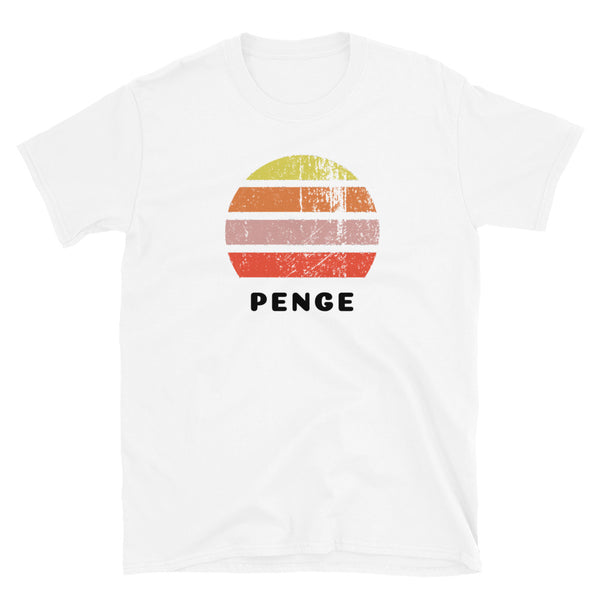 Vintage distressed style retro sunset in yellow, orange, pink and scarlet with the name Penge beneath on this white cotton t-shirt