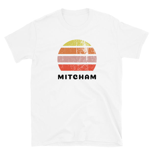Vintage distressed style retro sunset in yellow, orange, pink and scarlet with the name Mitcham beneath on this white cotton t-shirt