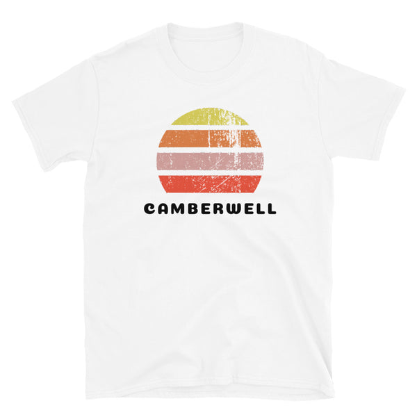 Vintage distressed style retro sunset in yellow, orange, pink and scarlet with the name Camberwell beneath on this white cotton t-shirt