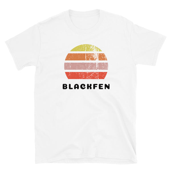 Vintage distressed style retro sunset in yellow, orange, pink and scarlet with the South East London neighbourhood of Blackfen on this white cotton retro style t-shirt