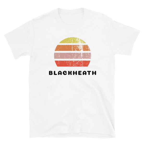 Vintage distressed style retro sunset in yellow, orange, pink and scarlet with the South East London neighbourhood of Blackheath on this white cotton retro style t-shirt