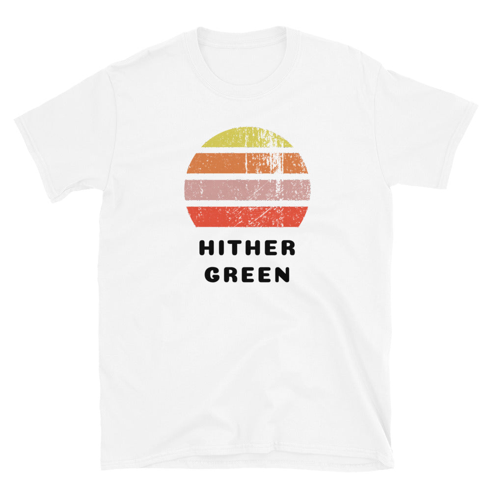 Vintage distressed style retro sunset in yellow, orange, pink and scarlet with the London neighbourhood of Hither Green beneath on this white cotton t-shirt