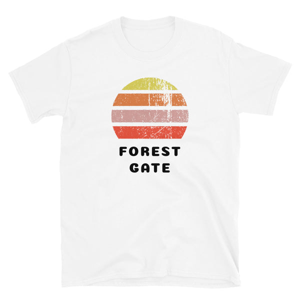 Vintage distressed style retro sunset in yellow, orange, pink and scarlet with the London neighbourhood of Forest Gate beneath on this white cotton t-shirt