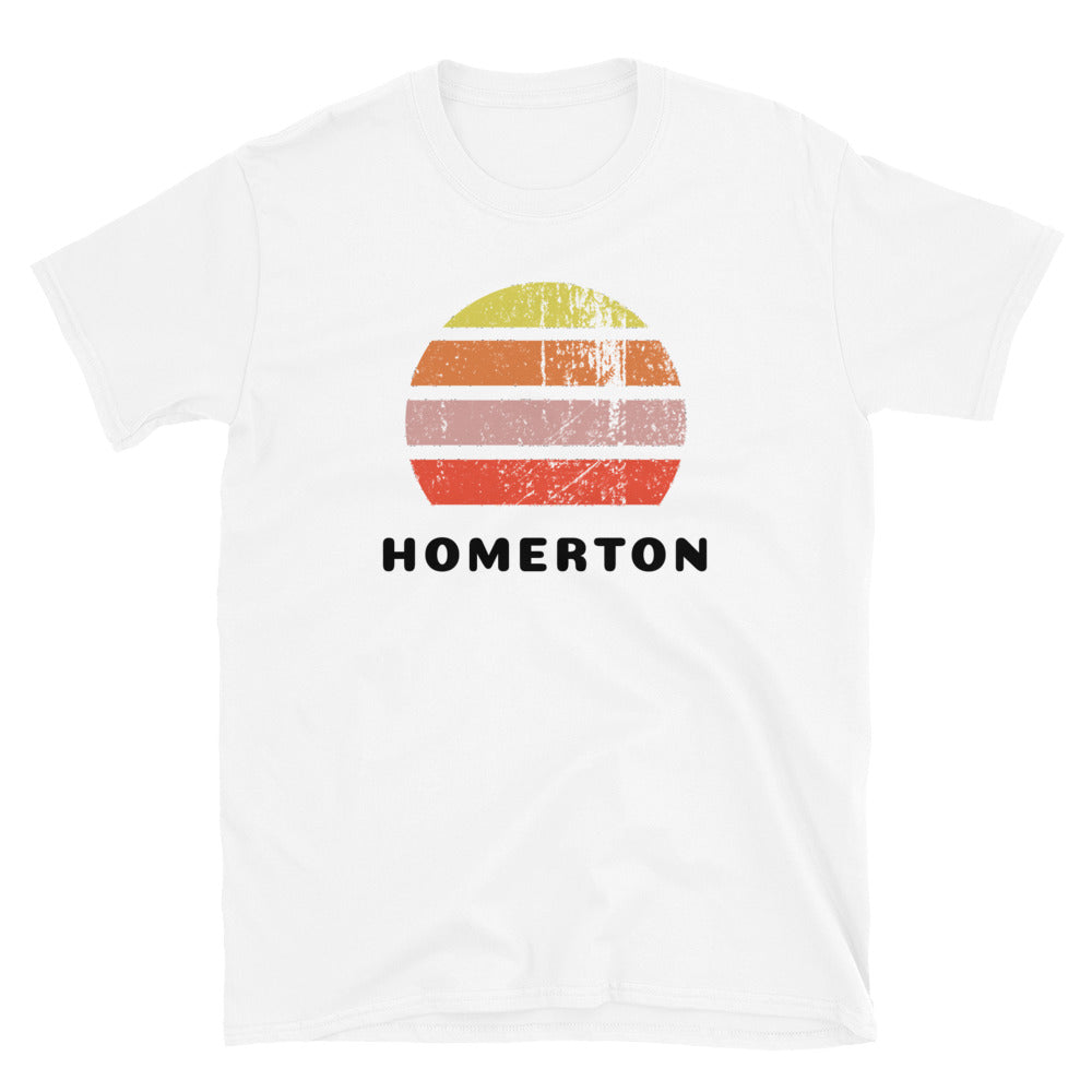 Vintage distressed style retro sunset in yellow, orange, pink and scarlet with the London neighbourhood of Homerton beneath on this white cotton t-shirt