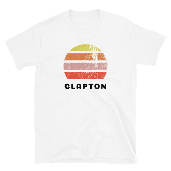 Vintage distressed style retro sunset in yellow, orange, pink and scarlet with the London neighbourhood of Clapton beneath on this white cotton t-shirt