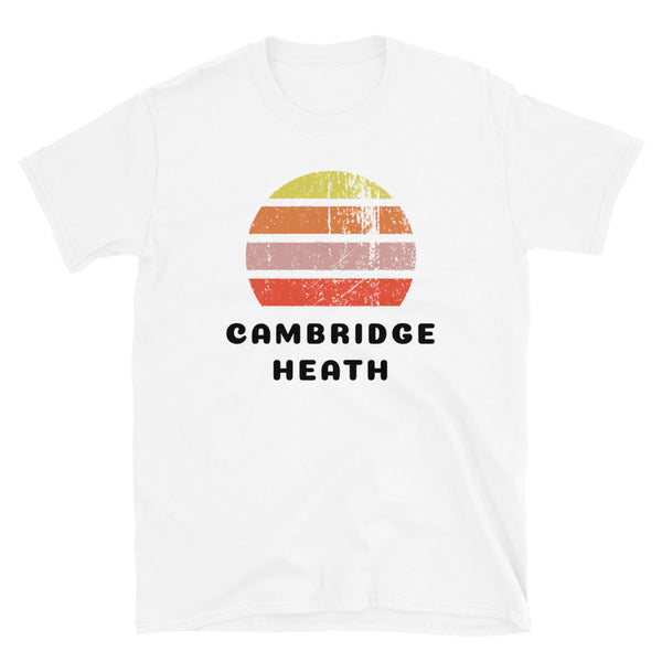 Vintage distressed style retro sunset in yellow, orange, pink and scarlet with the London neighbourhood of Cambridge Heath beneath on this white cotton t-shirt