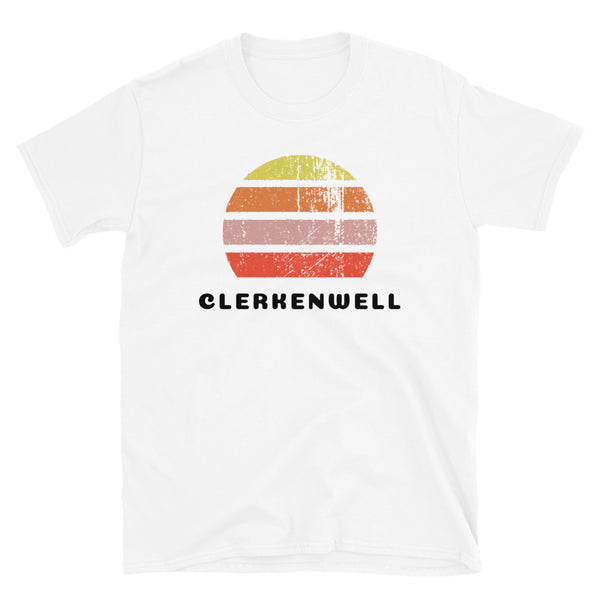 Vintage distressed style retro sunset in yellow, orange, pink and scarlet with the London neighbourhood of Clerkenwell beneath on this white cotton t-shirt
