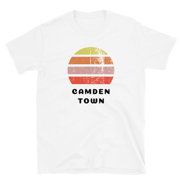 Vintage distressed style retro sunset in yellow, orange, pink and scarlet with the London neighbourhood of Camden Town beneath on this white cotton t-shirt