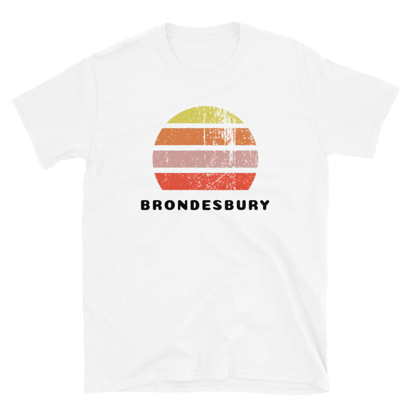Vintage distressed style retro sunset in yellow, orange, pink and scarlet with the London neighbourhood of Brondesbury beneath on this white cotton t-shirt