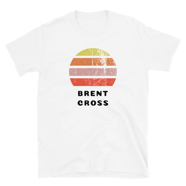 Vintage distressed style retro sunset in yellow, orange, pink and scarlet with the London neighbourhood of Brent Cross beneath on this white cotton t-shirt
