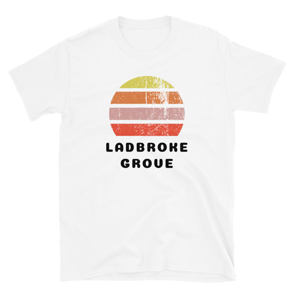 Vintage distressed style retro sunset in yellow, orange, pink and scarlet with the London neighbourhood of Ladbroke Grove beneath on this white cotton t-shirt