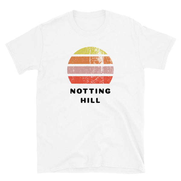 Vintage distressed style retro sunset in yellow, orange, pink and scarlet with the London neighbourhood of Notting Hill beneath on this white cotton t-shirt