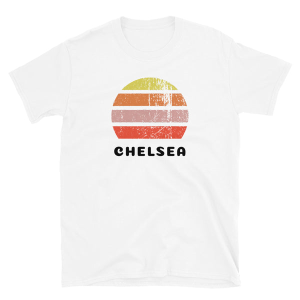 Vintage distressed style retro sunset in yellow, orange, pink and scarlet with the London neighbourhood of Chelsea outlined beneath on this white cotton t-shirt
