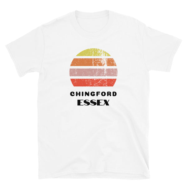 Vintage distressed style retro sunset in yellow, orange, pink and scarlet with the Essex neighbourhood of Chingford outlined beneath on this white cotton t-shirt