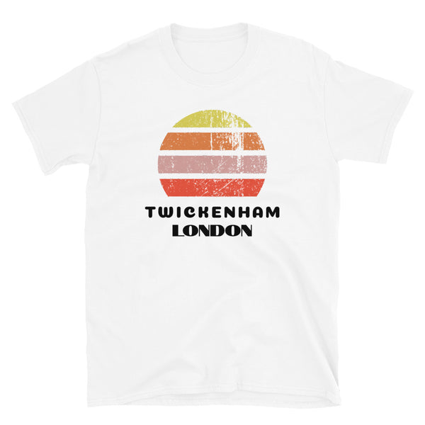 Vintage distressed style retro sunset in yellow, orange, pink and scarlet with the London neighbourhood of Twickenham outlined beneath on this white cotton t-shirt