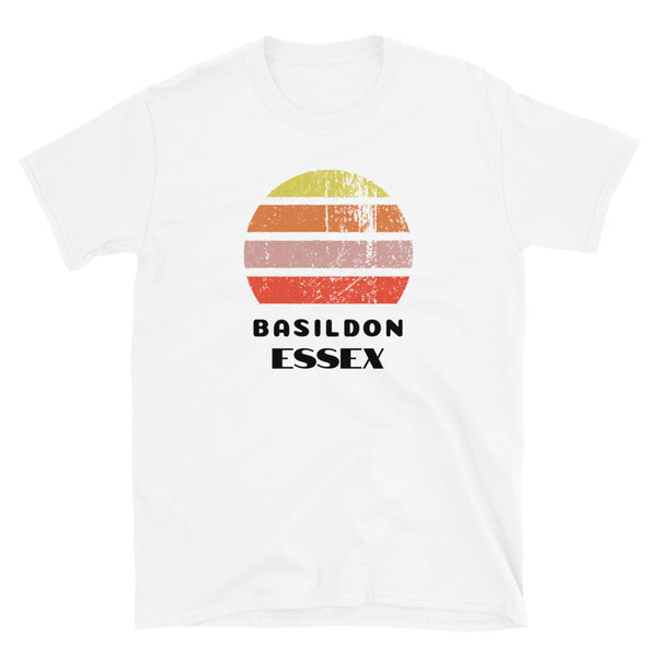 Vintage distressed style retro sunset in yellow, orange, pink and scarlet with the Essex neighbourhood of Basildon outlined beneath on this white cotton t-shirt