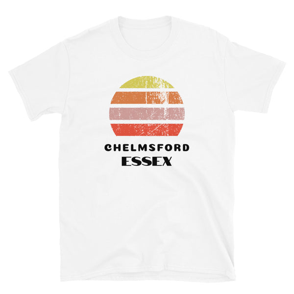 Vintage distressed style retro sunset in yellow, orange, pink and scarlet with the Essex neighbourhood of Chelmsford outlined beneath on this white cotton t-shirt