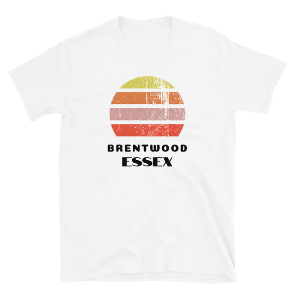 Vintage distressed style retro sunset in yellow, orange, pink and scarlet with the Essex neighbourhood of Brentwood outlined beneath on this white cotton t-shirt
