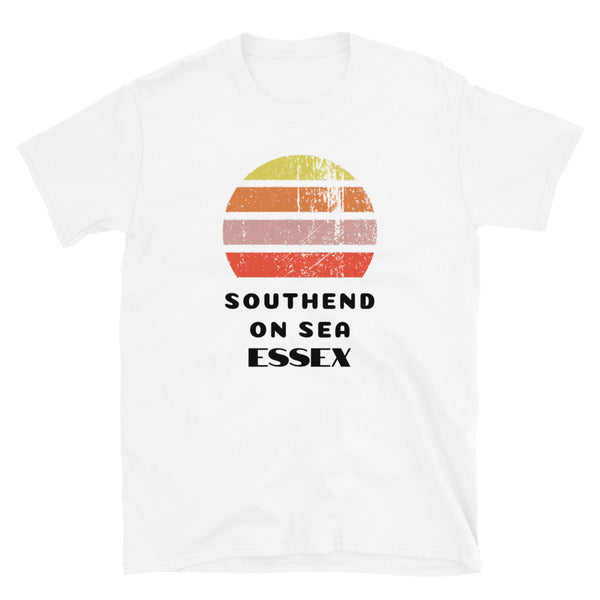Vintage distressed style retro sunset in yellow, orange, pink and scarlet with the Essex neighbourhood of Southend-on-Sea outlined beneath on this white cotton t-shirt