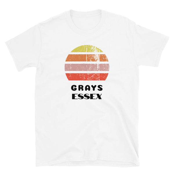 Vintage distressed style retro sunset in yellow, orange, pink and scarlet with the Essex neighbourhood of Grays outlined beneath on this white cotton t-shirt