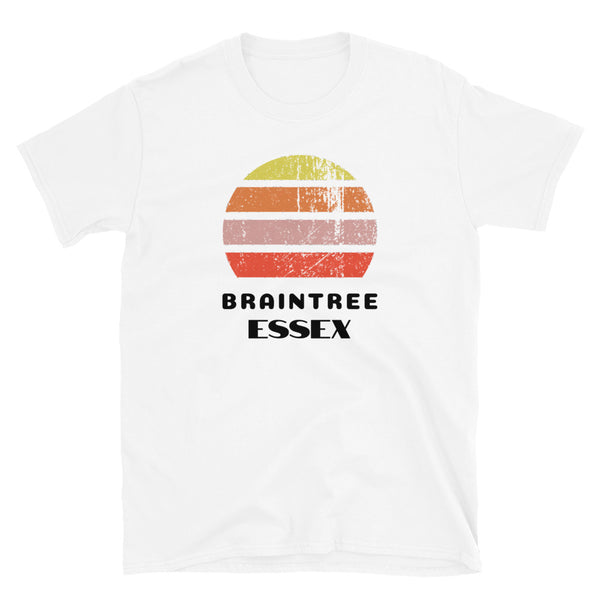 Vintage distressed style retro sunset in yellow, orange, pink and scarlet with the Essex neighbourhood of Braintree outlined beneath on this white cotton t-shirt