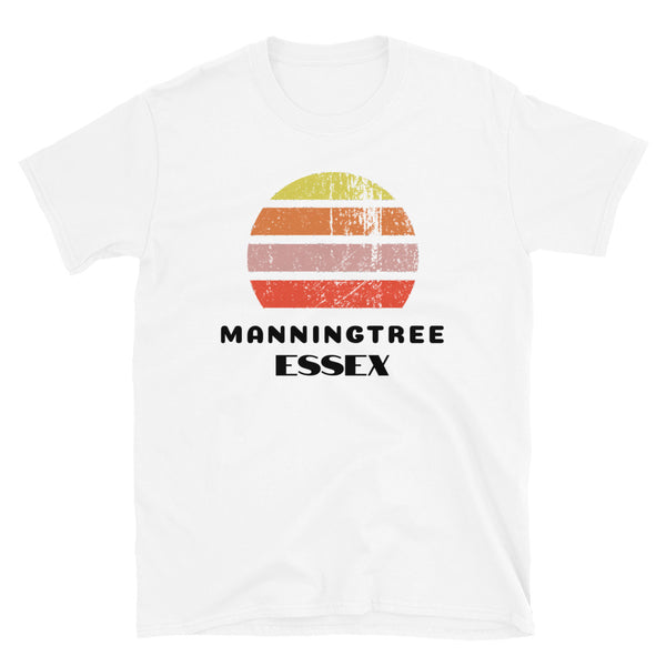 Vintage distressed style retro sunset in yellow, orange, pink and scarlet with the Essex town of Manningtree outlined beneath on this white cotton t-shirt