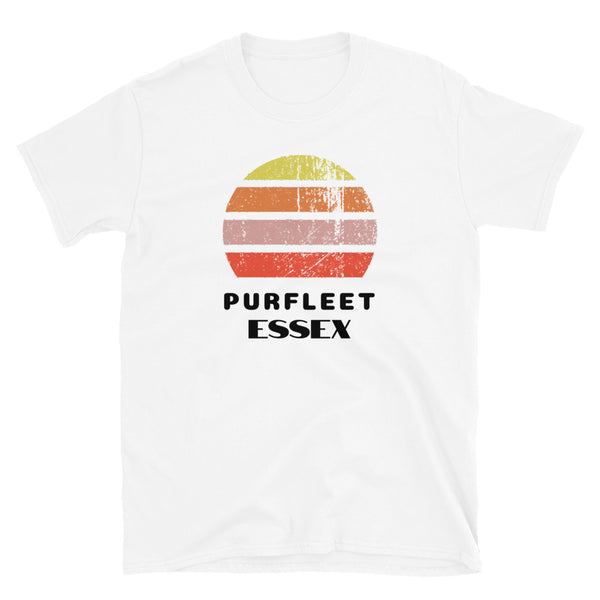 Vintage distressed style retro sunset in yellow, orange, pink and scarlet with the Essex town of Purfleet outlined beneath on this white cotton t-shirt