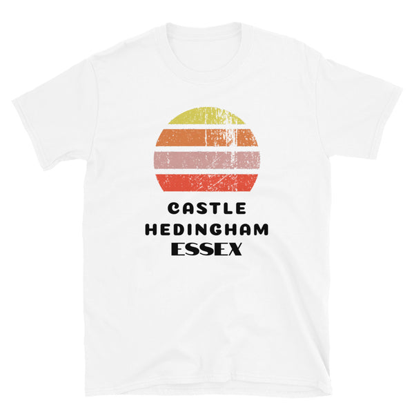 Vintage distressed style retro sunset in yellow, orange, pink and scarlet with the Essex village of Castle Hedingham outlined beneath on this white cotton t-shirt