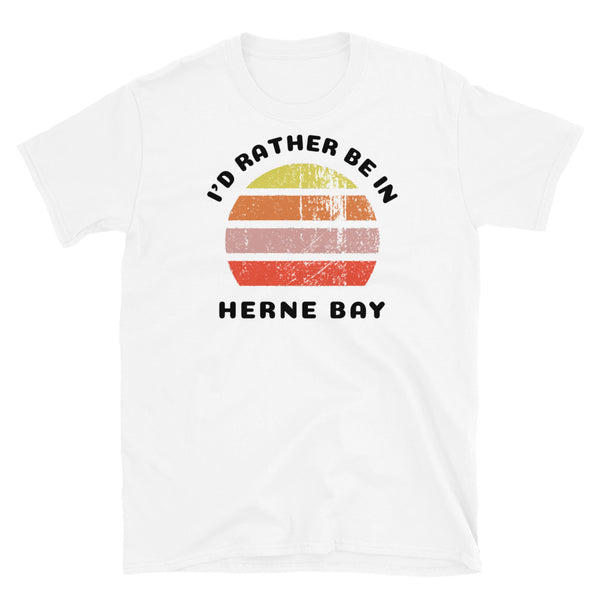 Vintage style distressed effect sunset graphic design t-shirt entitled I'd Rather be in Herne Bay on this white cotton tee