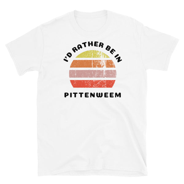 Vintage style distressed effect sunset graphic design t-shirt entitled I'd Rather be in Pittenweem on this white cotton tee