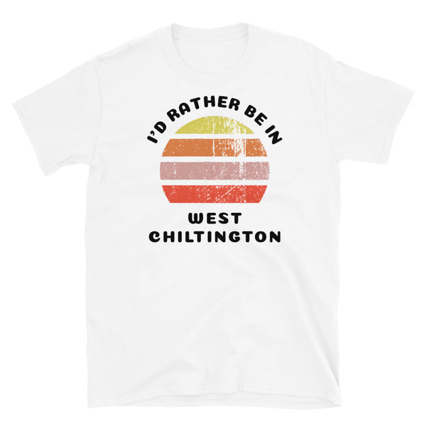 Vintage style distressed effect sunset graphic design t-shirt entitled I'd Rather be in West Chiltington on this white cotton tee