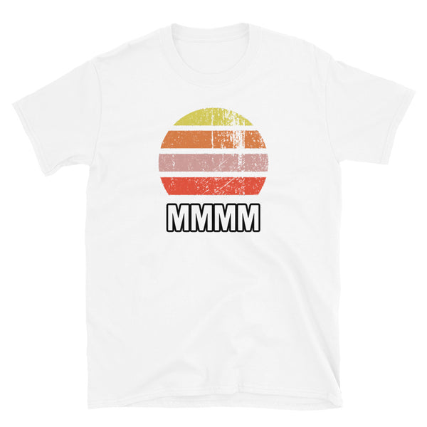 MMMM esoteric slogan t shirt with a distressed style abstract design vintage sunset graphic in yellow, orange, pink and scarlet on this white cotton t-shirt