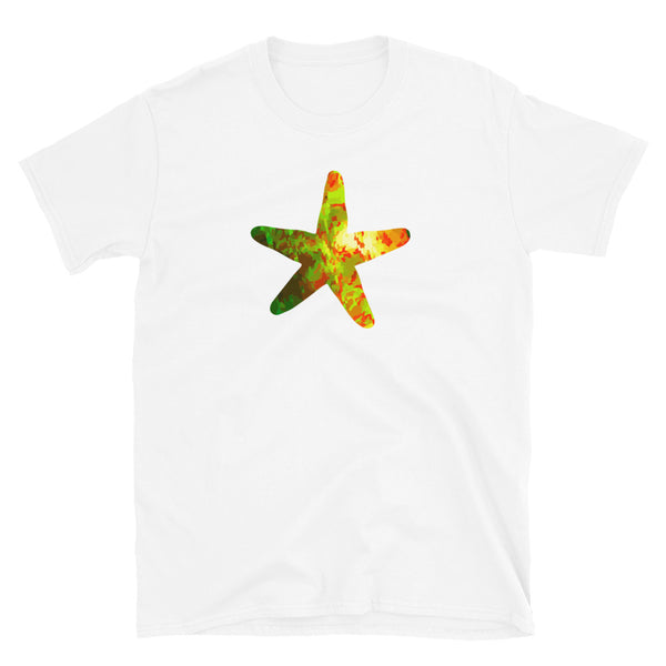 Colourful gold, orange, yellow and green abstract patterned starfish graphic on this white cotton t-shirt by BillingtonPix