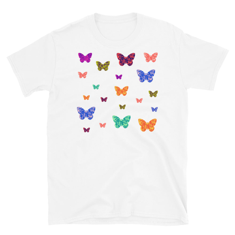 Multicoloured rainbow floral patterned butterflies on this cute white cotton t-shirt by BillingtonPix
