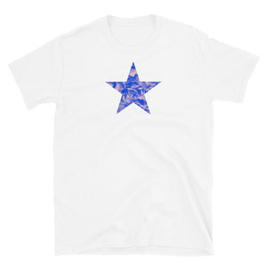 Blue floral star cutout with pink tones on this cotton white t-shirt