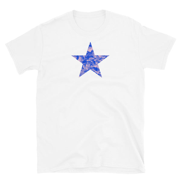 Blue floral star cutout with pink tones on this cotton white t-shirt