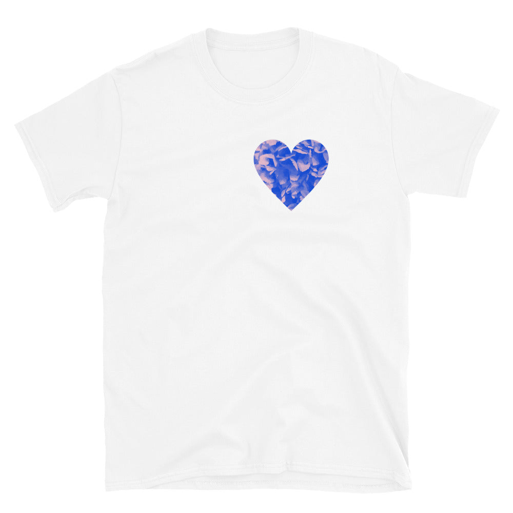 Blue floral patterned blue heart with tones of pink positioned in the heart position on this white cotton-t-shirt