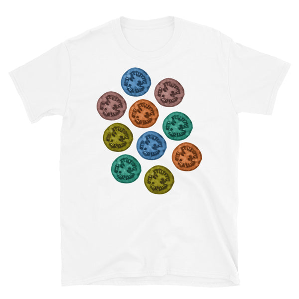 Multicoloured tomato slices in red, blue, purple, yellow and green on this white cotton t-shirt by BillingtonPix