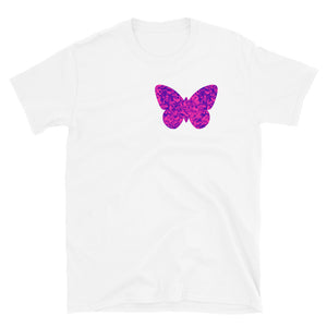 Single pink floral butterfly cut out on the left hand side of this white cotton t-shirt